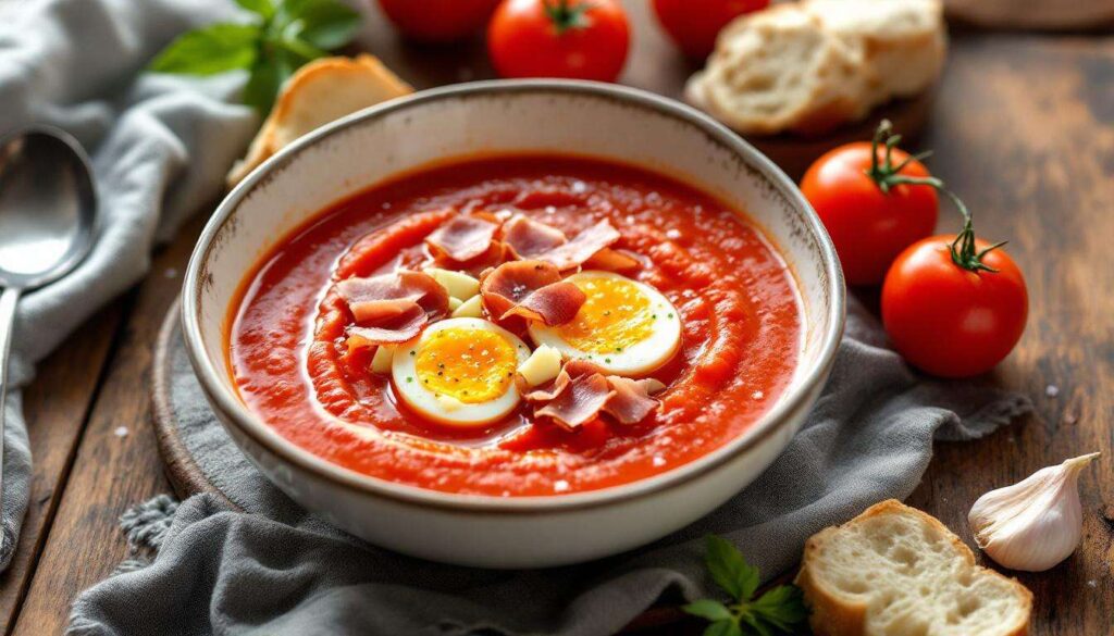 Salmorejo andaluso: crema fredda di pomodoro con uova sode e prosciutto