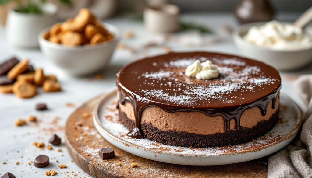 Cheesecake al cioccolato senza forno: crema vellutata e ganache fondente in frigo